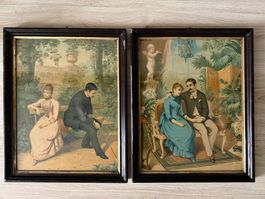 2 antike Lithographien, romantische Paare, gerahmt