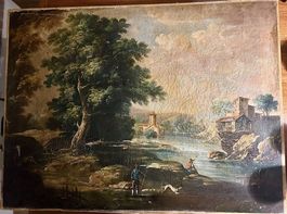 Antikes Ital. Landschaftsgemälde mit Figurenstaffage um 1850