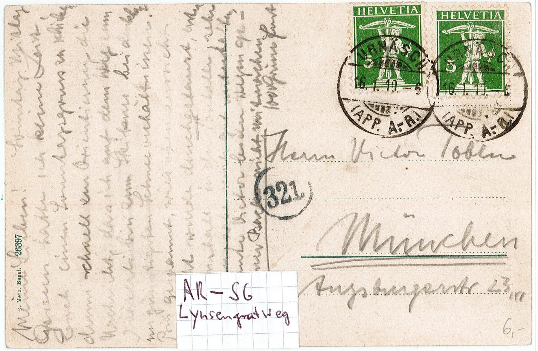 Cartoline postali: AR 45 LYSENGRATWEG Altmann - Säntis belebt 1919 – Usato da Fribourg venduto da philafri 1