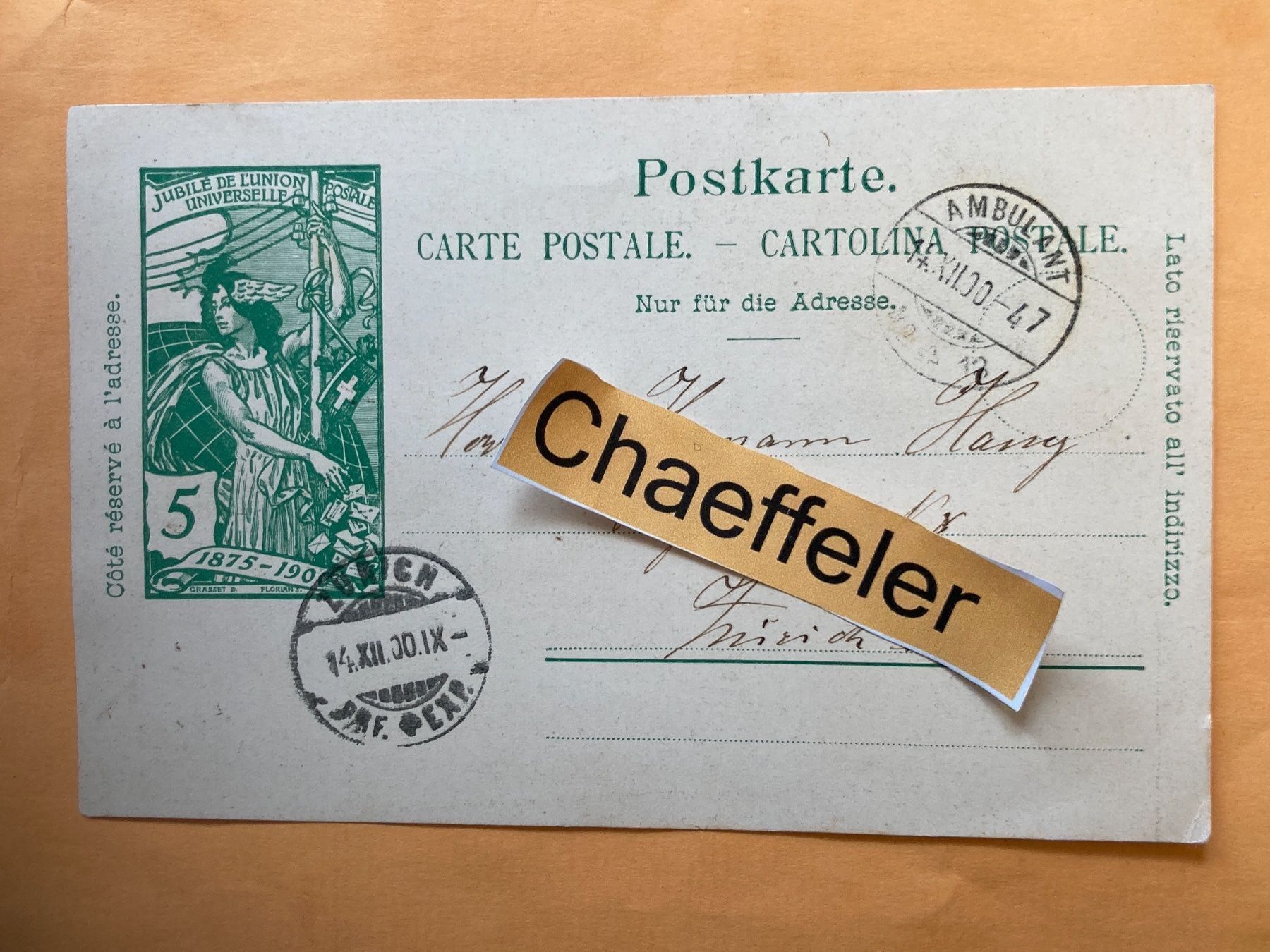 Cartoline postali: Postkarte 1900 – Usato da Zürich venduto da Chaeffeler