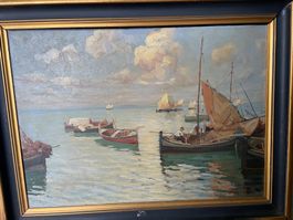 Ölgemälde Fabrisa, Boote im Hafen, Vintage, Rarität
