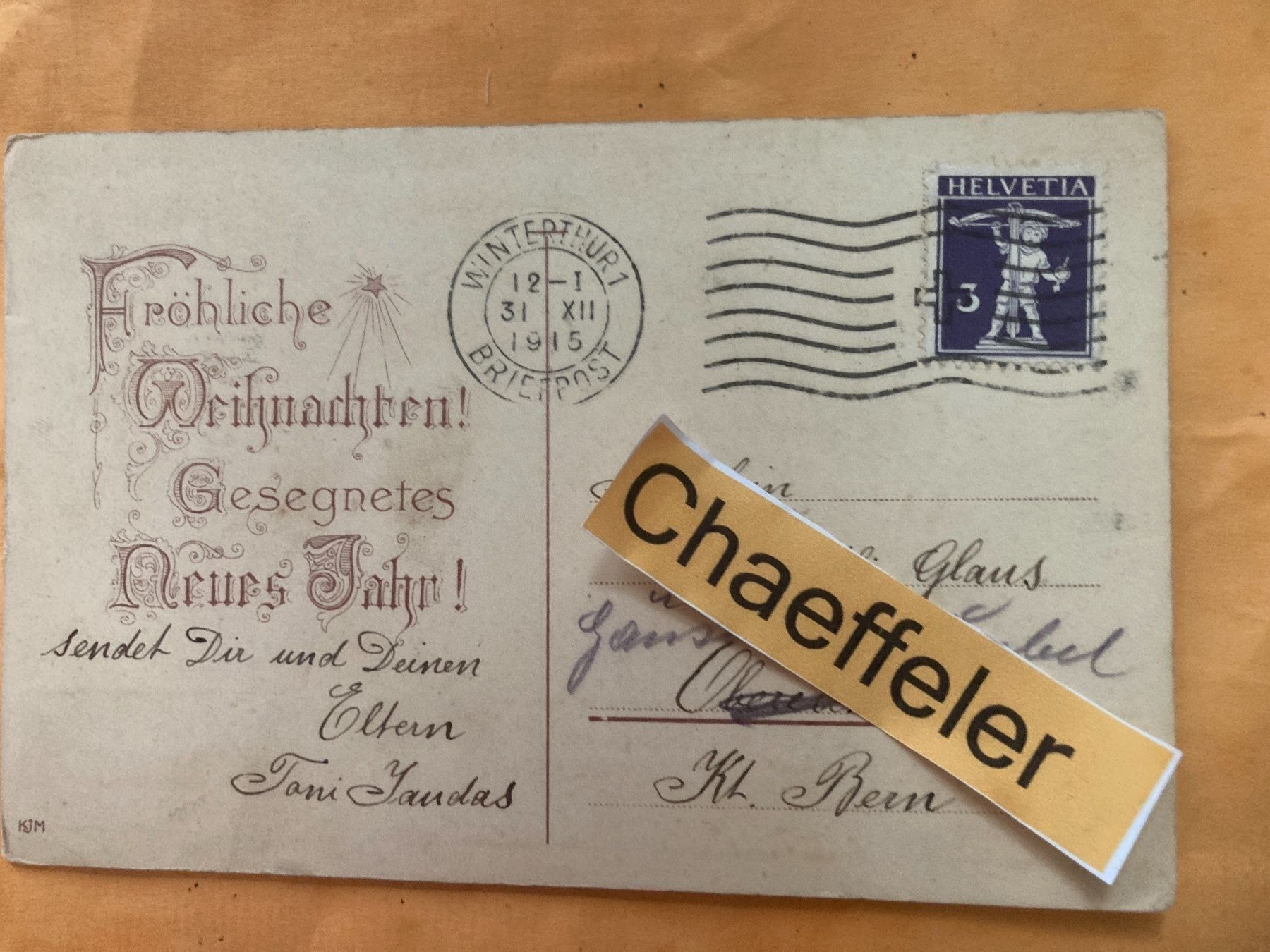 Ansichtskarten: 1915 Postkarte mit Tellbub Marke – Gebraucht aus Zürich von Chaeffeler 1