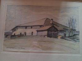 Natur Stillleben Aquarell Gemälde signiert Haus Hof Jura?
