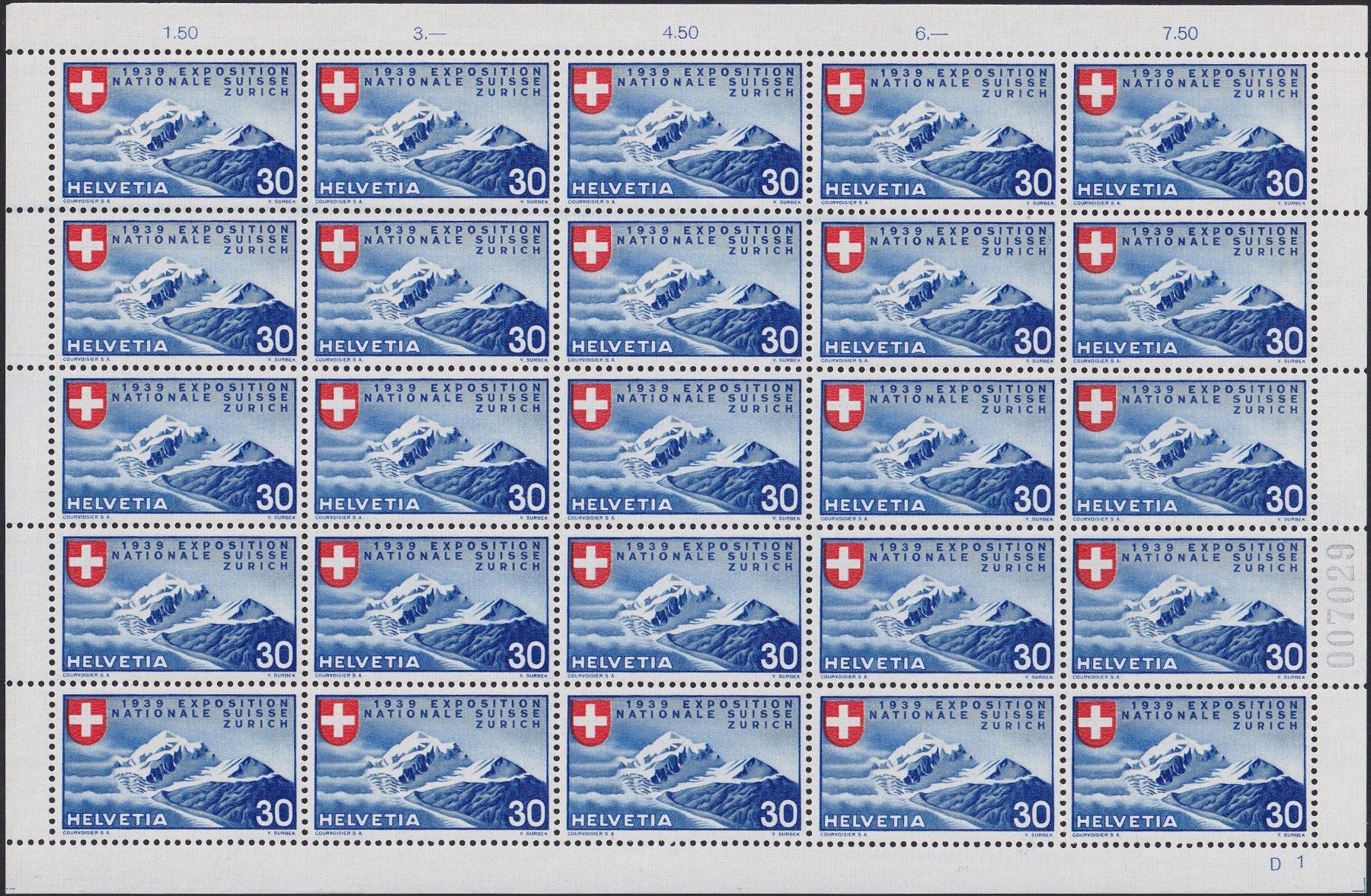 Tutti i francobolli: 1939, Nr.222-224 Bogen mit Plattenfehler postfrisch. 530.-+ – Usato da Sursee venduto da Luzernerraute 5