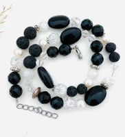 Neue Perlenkette mit Onyx- und Lavaperlen Schwarz Handmade