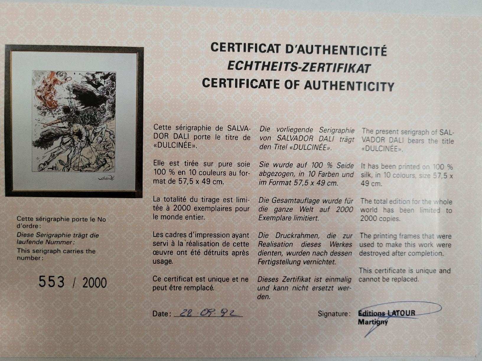 Arts picturaux & lithographies: Sérigraphie Dali "Dulcinée – Neuf (Voir description) à Petit-Lancy par fla_8nqw 1