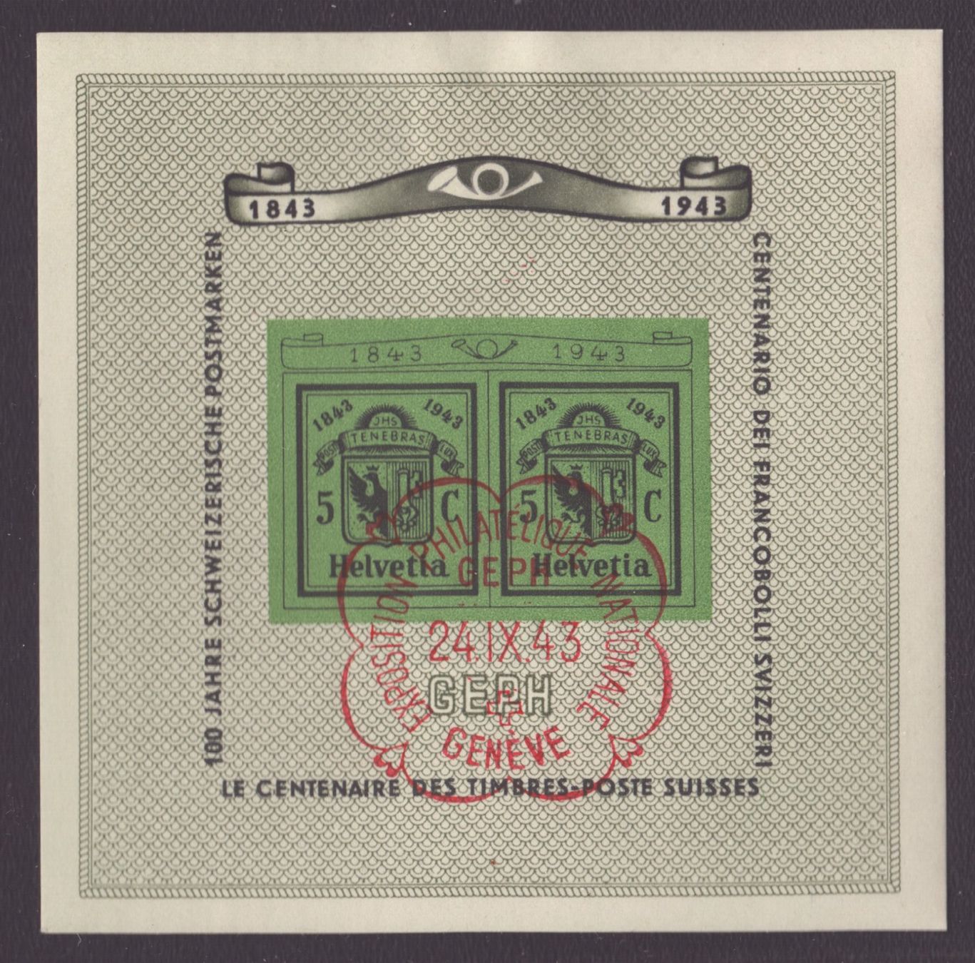 Tutti i francobolli: W18 1943 Bloc GEPH obl 24.IX.43 – Usato da Delémont venduto da Silte