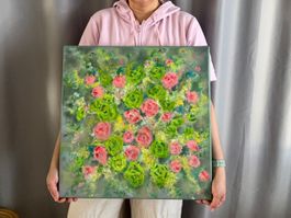 Handgemaltes Blumenbild Öl auf Leinwand 50x50 cm – Original