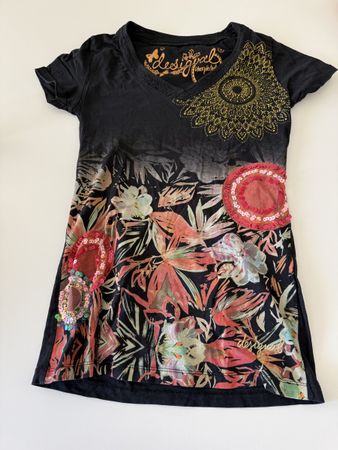 Desigual Shirt Short Sleeve Black Floral Print Size M