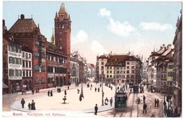 AK Basel Marktplatz + Rathaus, mit frühen elektrischen Trams