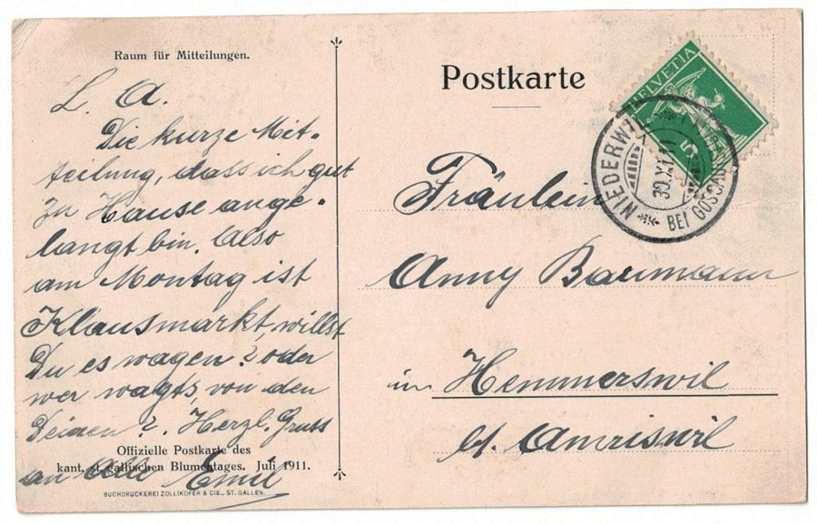 Cartoline postali: St. Galler Kantonaler Blumentag, Juli 1911 – Usato da Frauenfeld venduto da POML 1