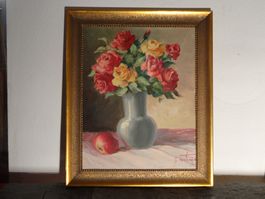 Originalgemälde in Oel: Blumen mit Apfel, sign. T. Fartley