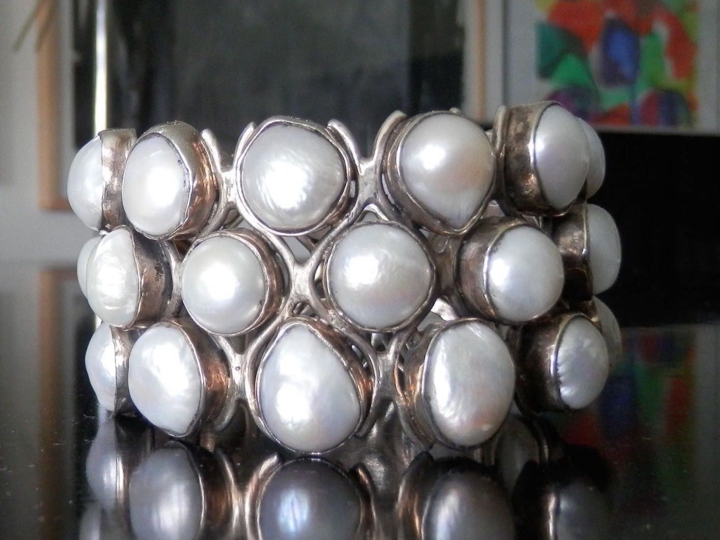 Llan Valls Joies Bracciali & Braccialetti: UNIKAT!! Natural Mabe Pearls Solid 925 Sterling Silver Cuff – Usato da Birsfelden venduto da Brut 5