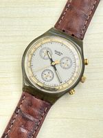Swatch Chronograph Goldfinger Armbanduhr braunes Lederband