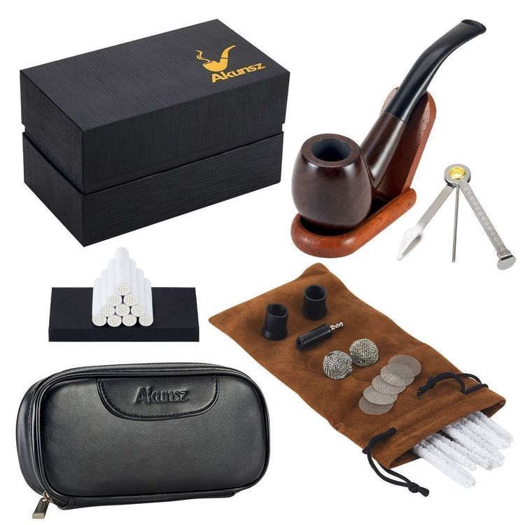 GERMANUS Pfeifenset Billiard 153 – Sandgestrahlt, Schwarz, Made In Italy Mit Tasche, Werkzeug & Filter