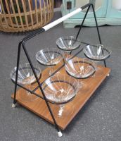 Mid Century Gläserhalter mit 6 Likör-Gläsern, Holz+Metall