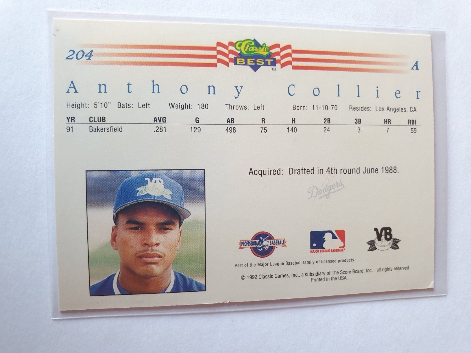 MLB Carte collezionabili: Anthony Collier 1992 MLB Baseball Card – Usato da Oberdorf BL venduto da BaldenEagle 1
