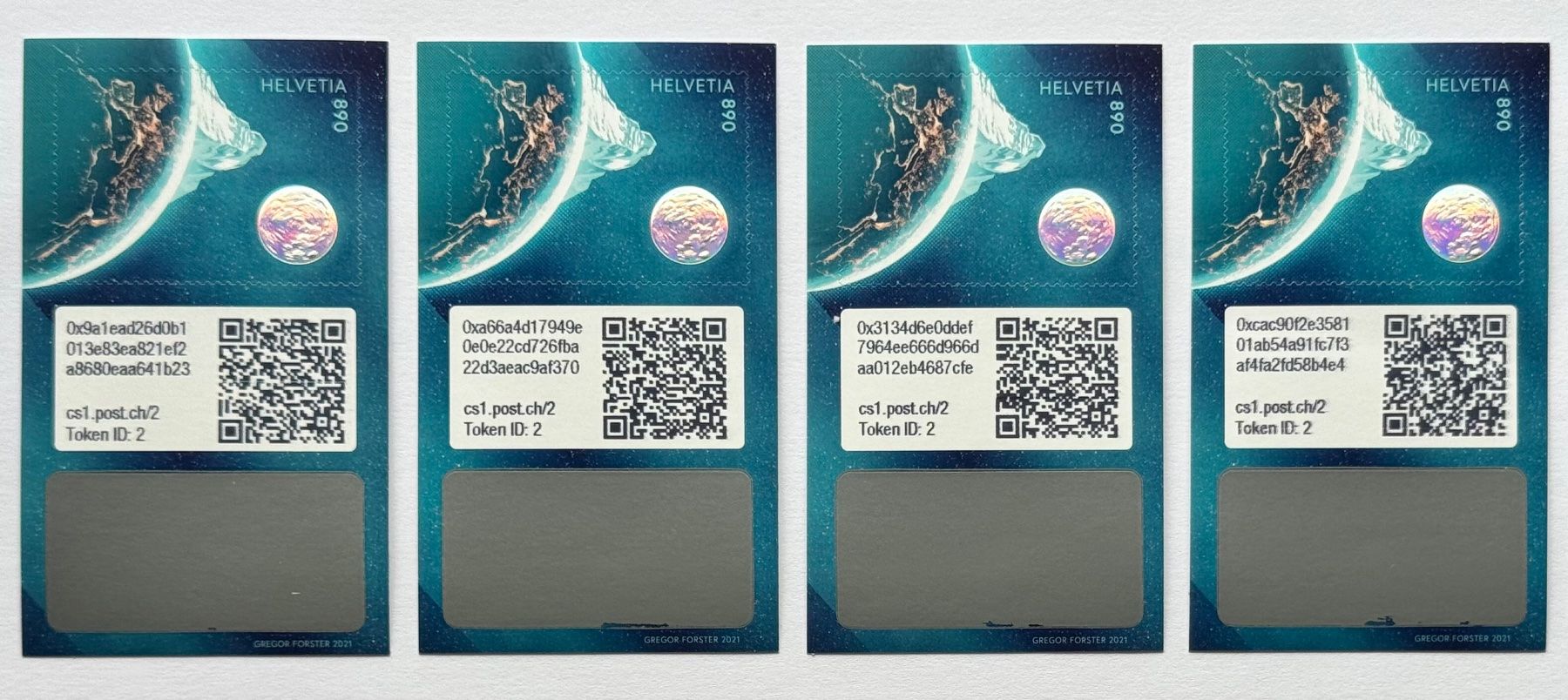 Tutti i francobolli: 4x Swiss Crypto Stamp 1.0 - ID2 Dent Blanche mit NFT – Nuovo e nell'imballaggio originale da Baar venduto da ricjon