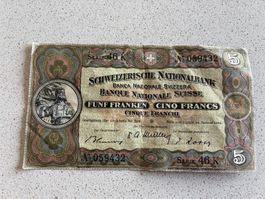 Schweiz 5 Franken Banknote 1949, Serie 46 K, gut erhalten