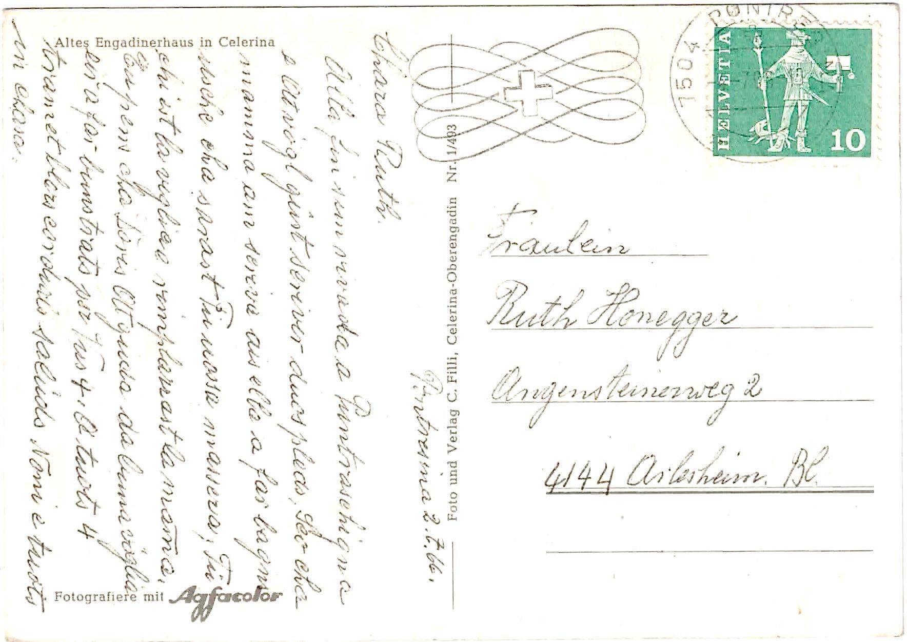 Ansichtskarten: CELERINA & ein altes Engadinerhaus ca. 1965 (GR) – Gebraucht aus Oberdorf BL von Hopfehuepfer 1