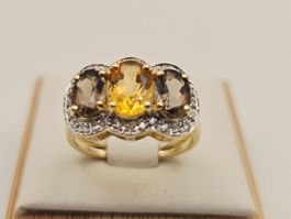 Gold Ring 585 Gold 14KT Rauchquarz Citrin Brillanten Gr 53