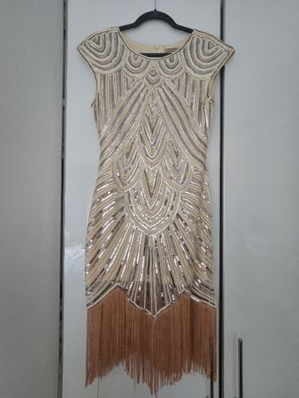 20er Jahre Kleid Pailletten Fransen beige Grösse S