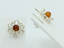 Bernstein Blume Ohrstecker 925 Silber platische Blume Blumen