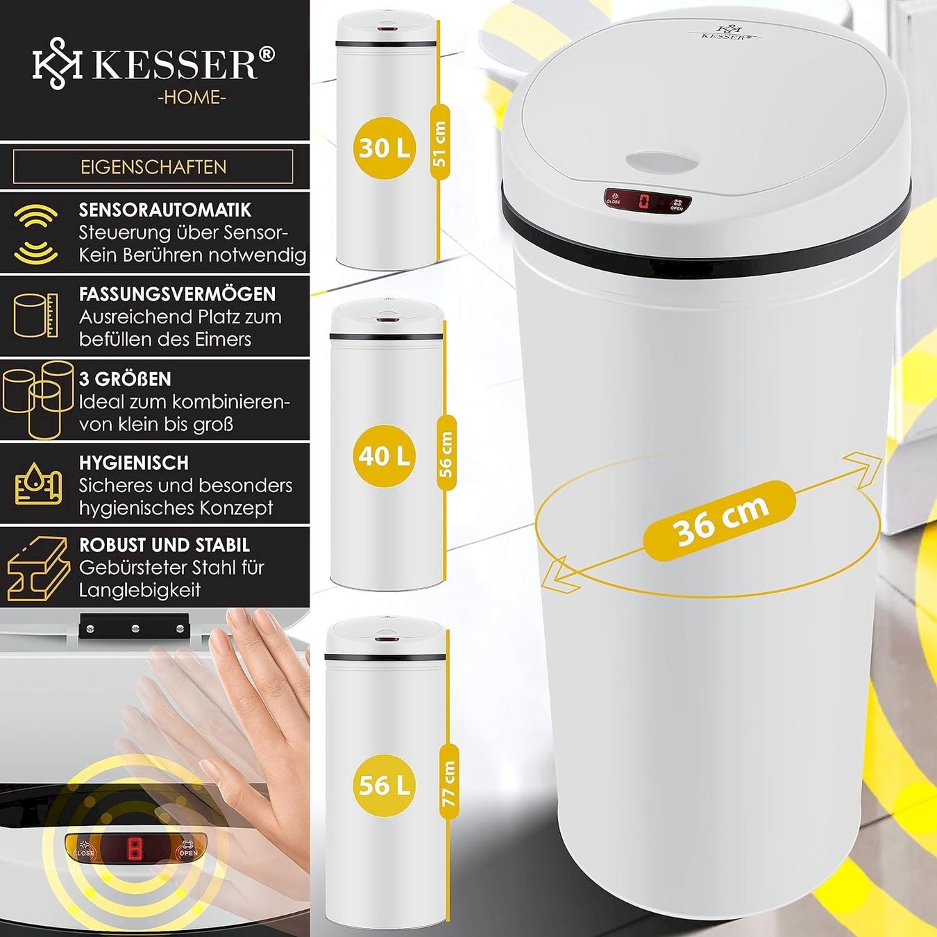Cestini per rifiuti: Automatik Sensor Mülleimer 30L weiss – Nuovo e nell'imballaggio originale da Bottighofen venduto da zaap 7
