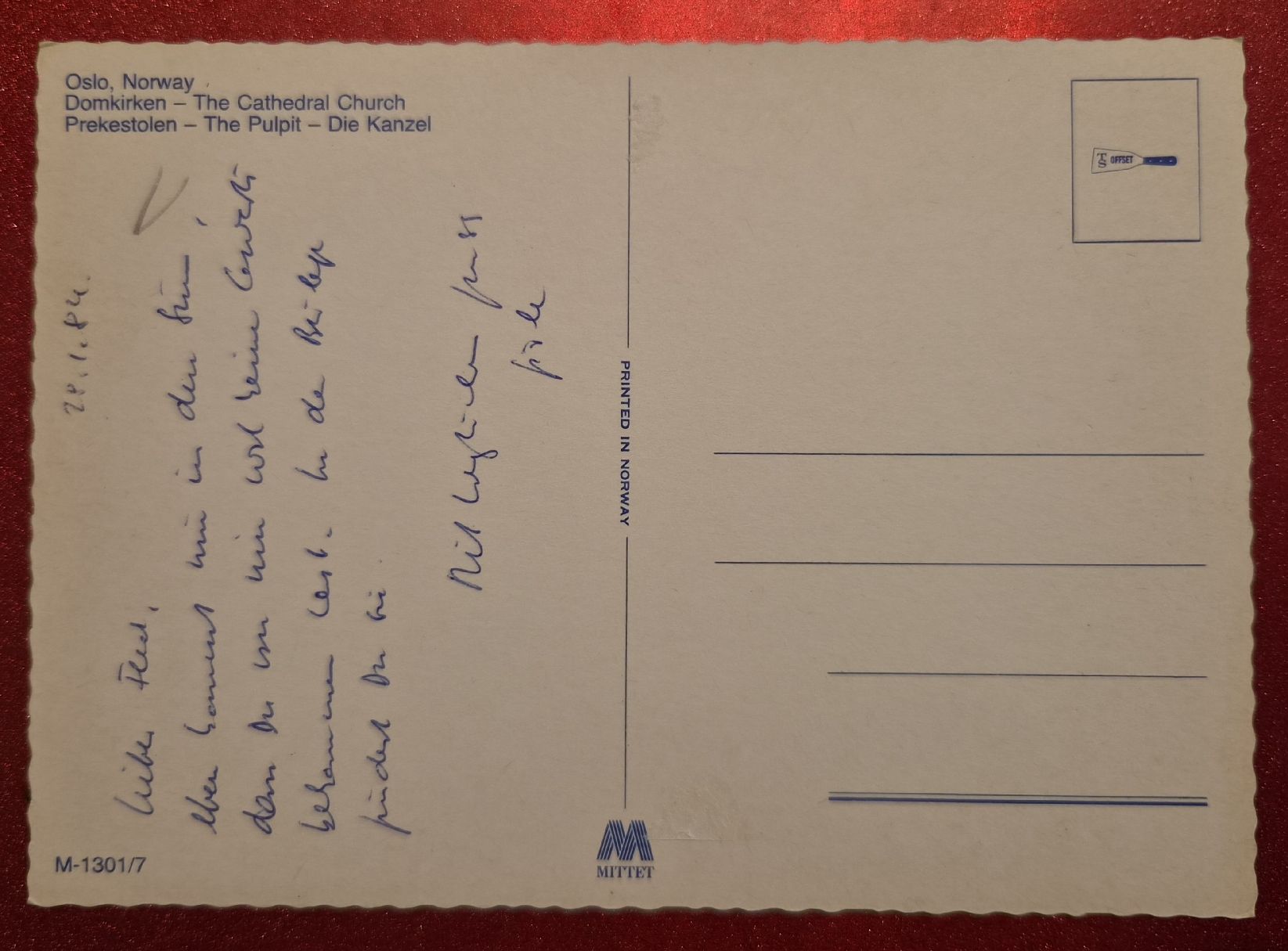 Ansichtskarten: Oslo Domkirche Kanzel 1984 – Gebraucht aus Melchnau von Arthurius 1