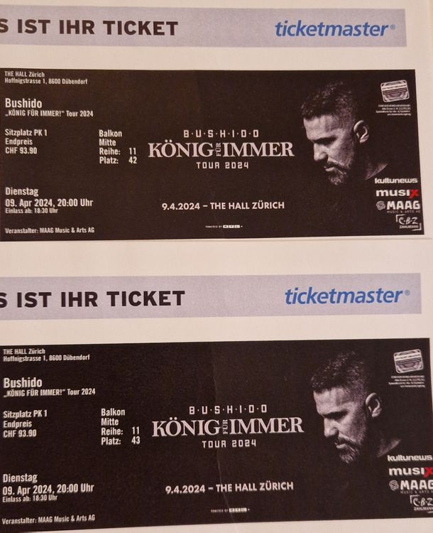 2x Sitzplätze Bushido Konzert 09.04.2024 Zürich Kaufen auf Ricardo