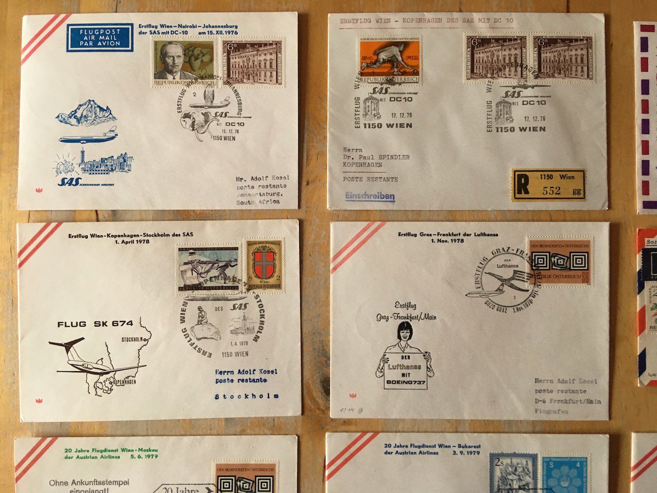 Alle Briefmarken: 10 Flugbriefe Österreich 1976-81 – Gebraucht aus Nesslau von zueri6 1