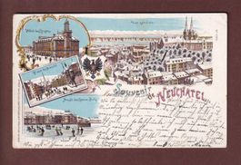 Souvenir de NEUCHÂTEL - Neige - 1899 Litho // pli d'angle //