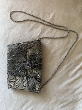 Beaded Clutch Bag Silver Black Floral Pattern 