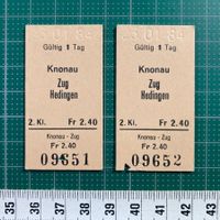 Ab Knonau, nach Zug oder Hedingen, 2 alte Bahn Billette, SBB