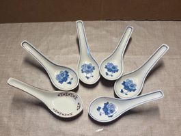 6 chinesische Porzellanlöffel blau-weiss verschiedene Motive
