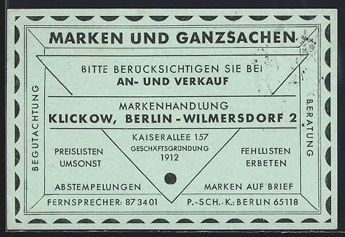 Cancelleria postale: Berlin-Wilmersdorf, Markenhandlung Klick – Usato da Berlin venduto da bartko-reher