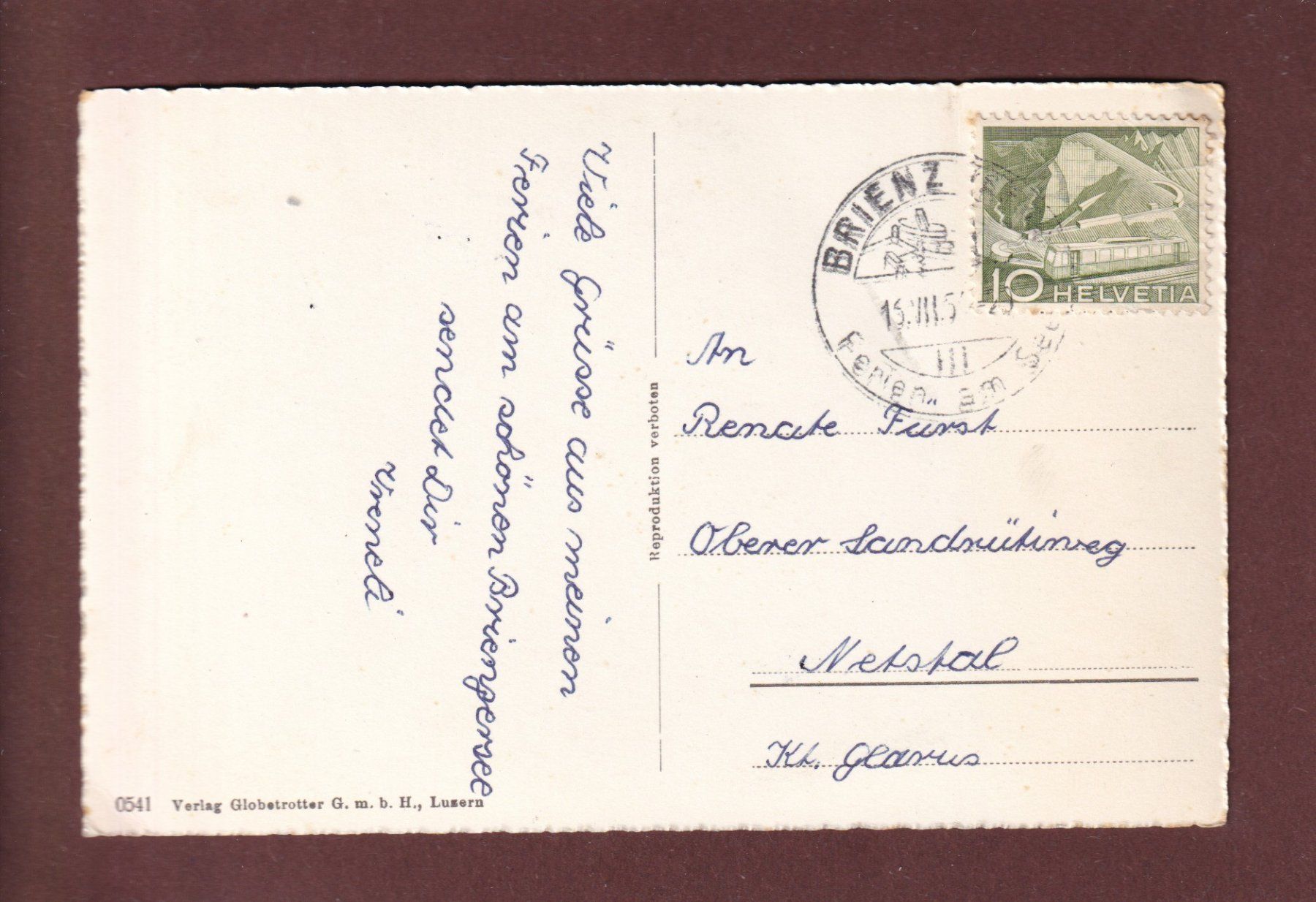 Cartoline postali: GIESSBACH - Park Hotel - 1954 – Usato da Pully venduto da nicecards 1