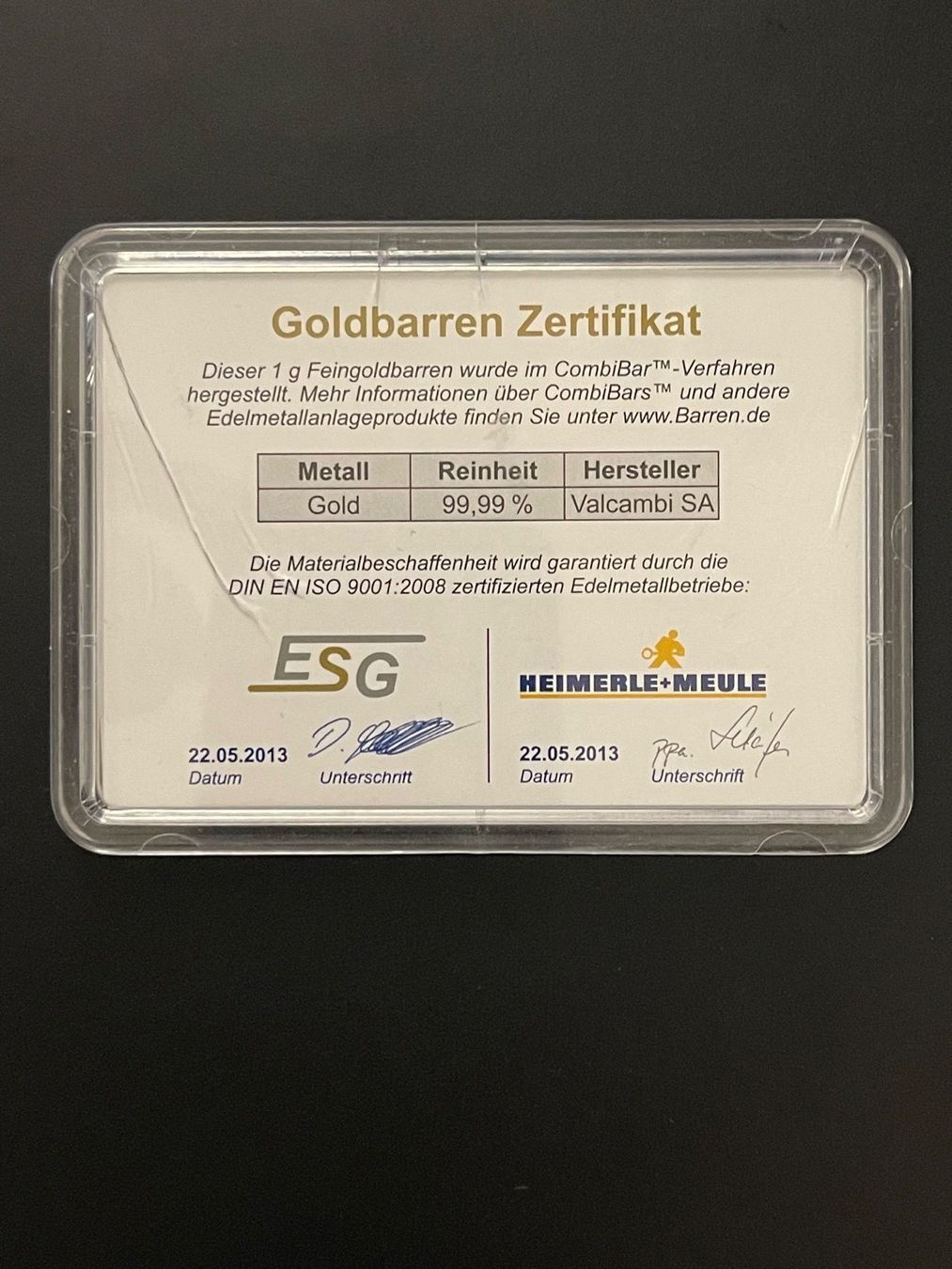 Metalli preziosi: Goldbarren 1g Heimerle+Meule – Nuovo e nell'imballaggio originale da Untersiggenthal venduto da byiggy 1