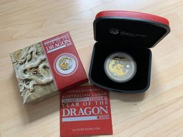 Lunar II Serie Münze Drache 2012 / 1oz. Silber gilded OVP