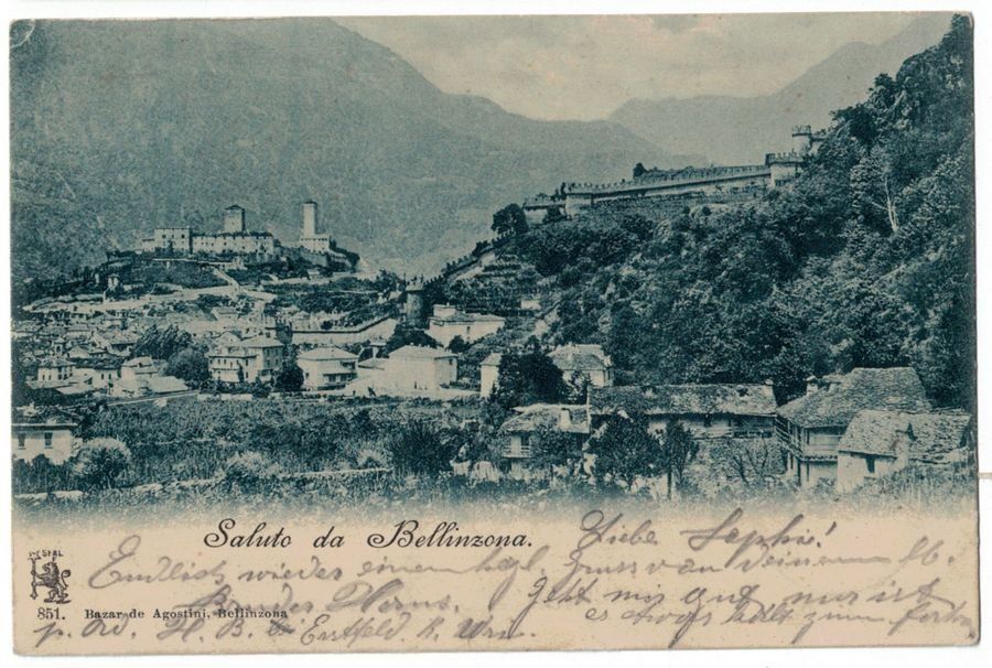 Cartoline postali: Saluto da Bellinzona, circolata 1900 – Usato da Frauenfeld venduto da POML