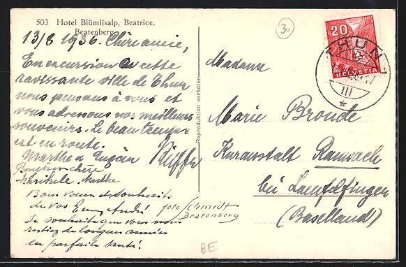 Cartoline postali: AK Beatenberg, Hotel Blümlisalp, 1936 – Usato da Berlin venduto da bartko-reher 1