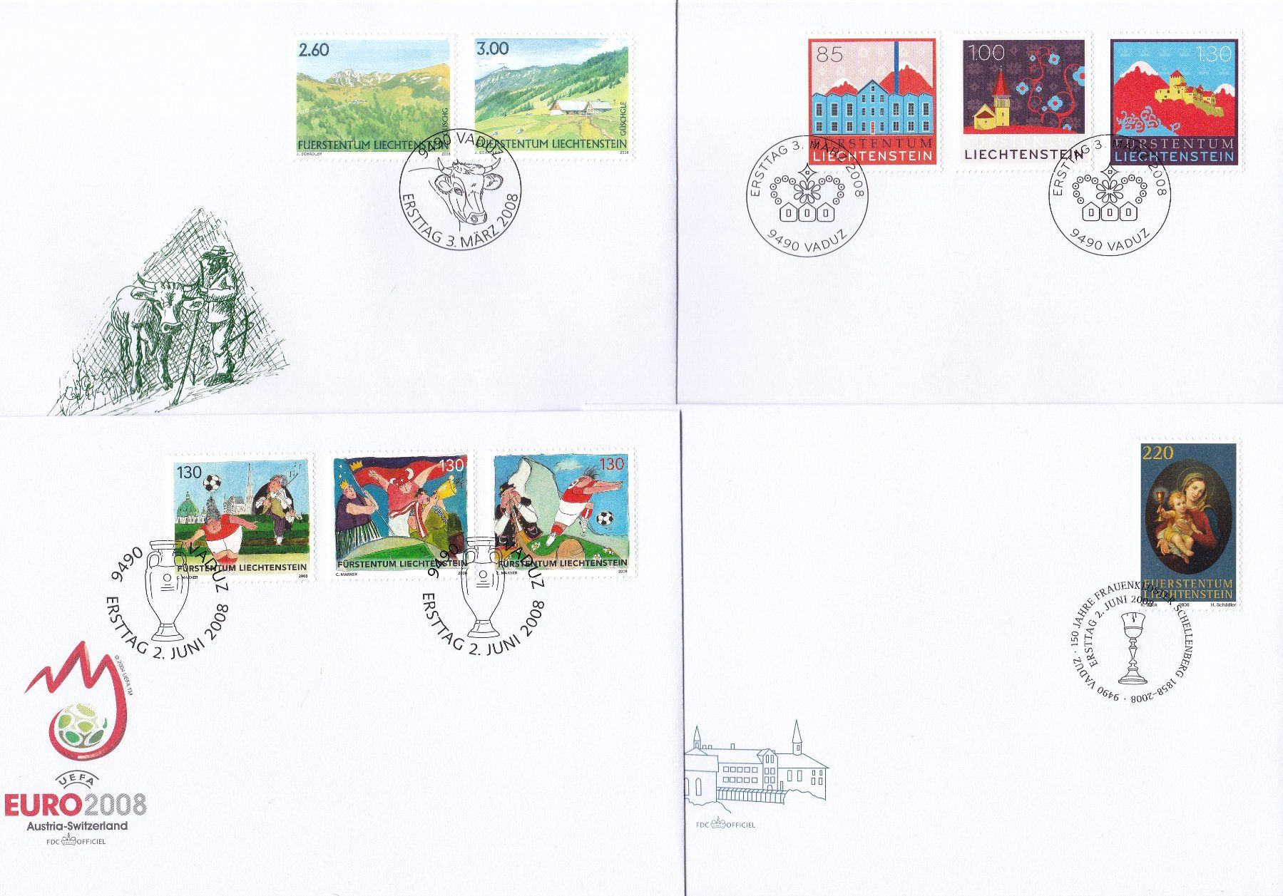 Tutti i francobolli: 34 Stk. FDCs "Liechtenstein" 2007 & 2008 – Usato da Münchwilen AG venduto da Nesar 5