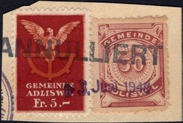 50 Rp. + 5 Fr. Fiskalmarken von der Gemeinde ADLISWIL