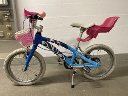 Bici bambina 16 pollici, blu, con seggiolino, perfetta per l