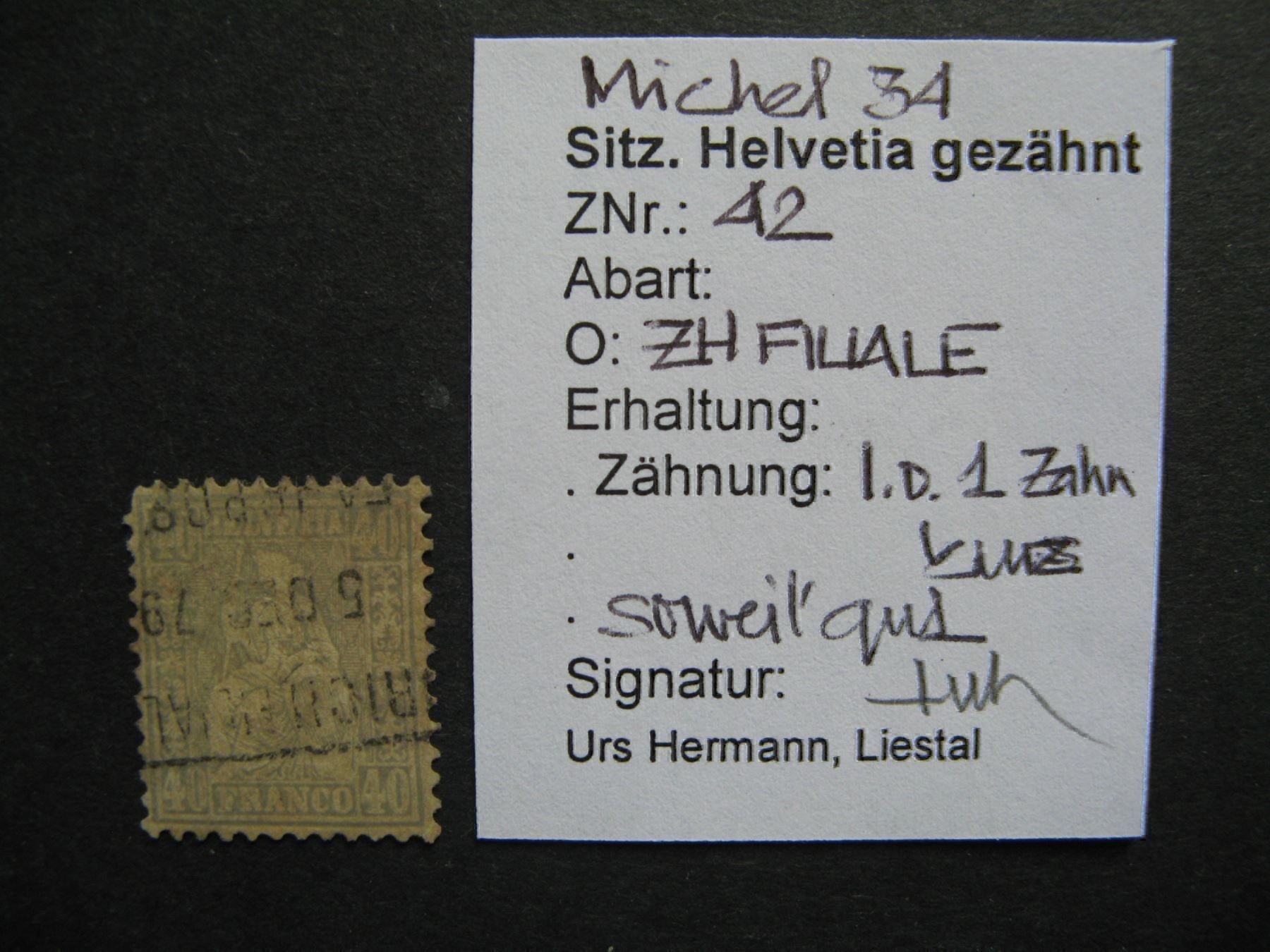 Alle Briefmarken: Sitzende Helvetia 42, gestempelt, Attest – Gebraucht aus Frauenfeld von Interessent1