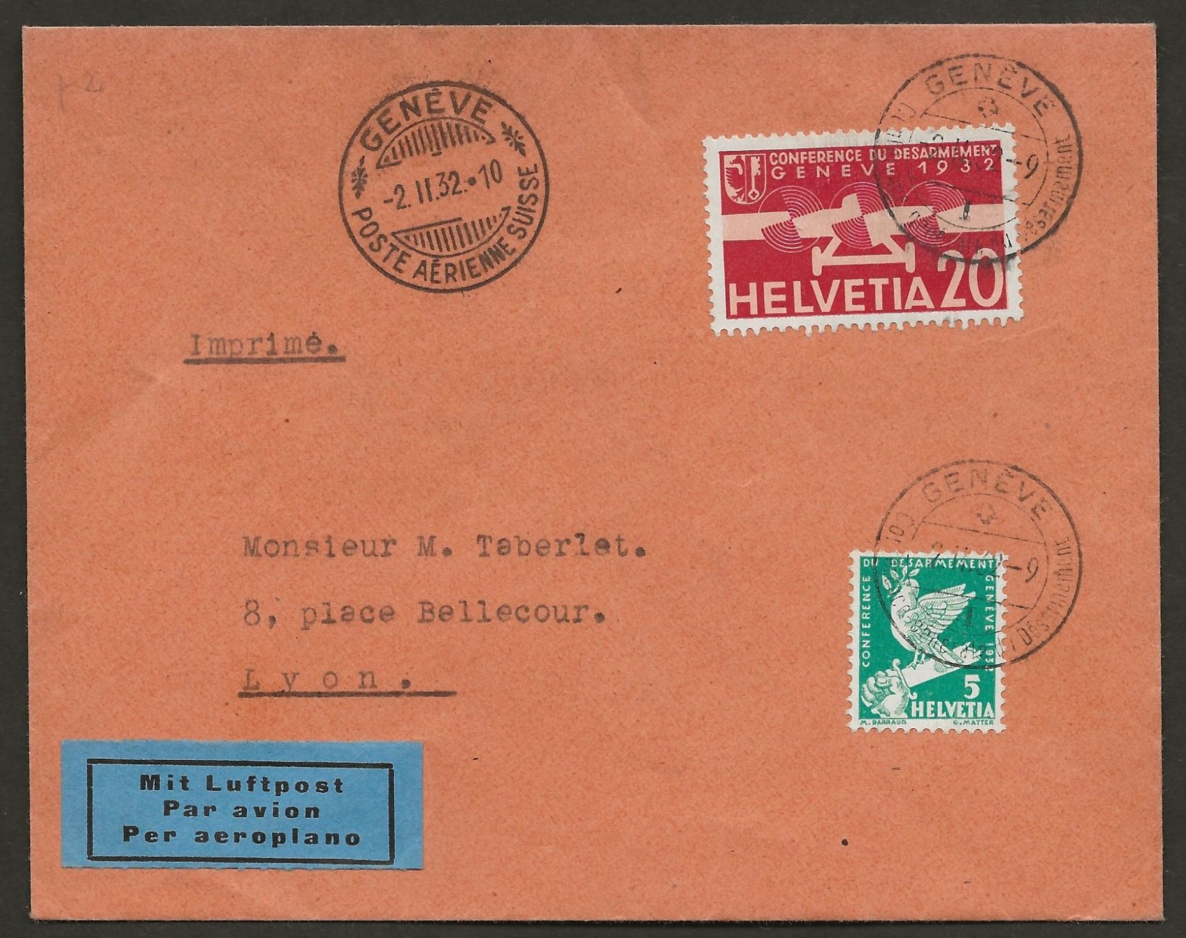 Tutti i francobolli: Flugpost Schweiz 1932 Genf Lyon FDC Luftpost – Usato da Au ZH venduto da xelagreb01