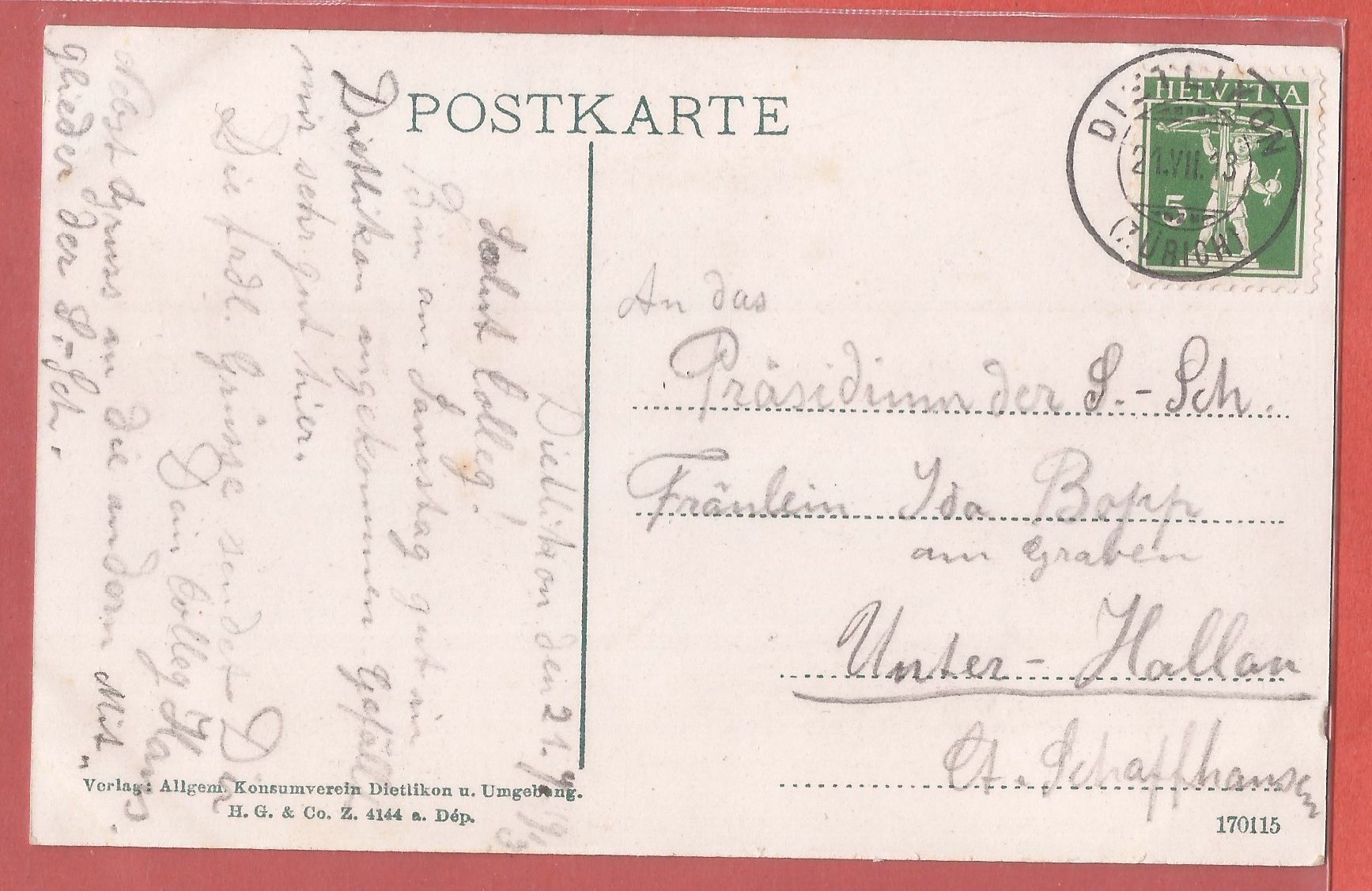 Cartoline postali: Dietlikon - 1913 – Usato da Fislisbach venduto da Porano 1