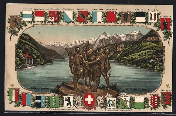 Cartoline postali: Rütli, Rütlischwur mit Schweizer Wappe – Usato da Berlin venduto da bartko-reher