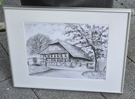 Bleistiftzeichnung Bauernhaus Signiert 1994 50 x40 cm mit Ra