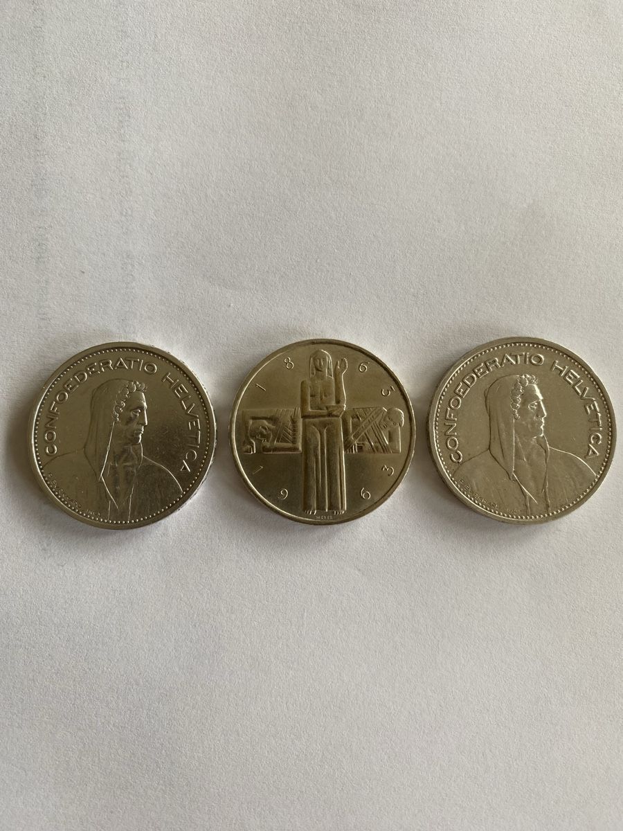 Alle Münzen: 3X 5.- fr 1931-13**, 1952, 1963 commem. – Gebraucht aus Corsier-sur-Vevey von Ginoarturo 1
